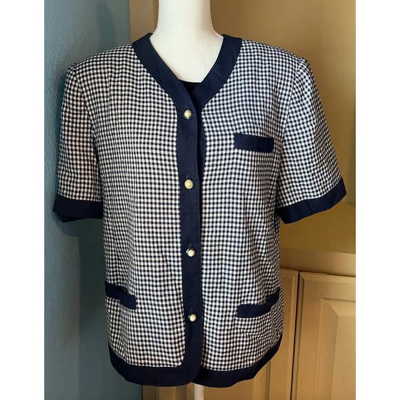Leslie Fay Tops - Vintage Navy White Sz 16 Gingham Cardigan Unique Buttons Heritage Preppy Sailor